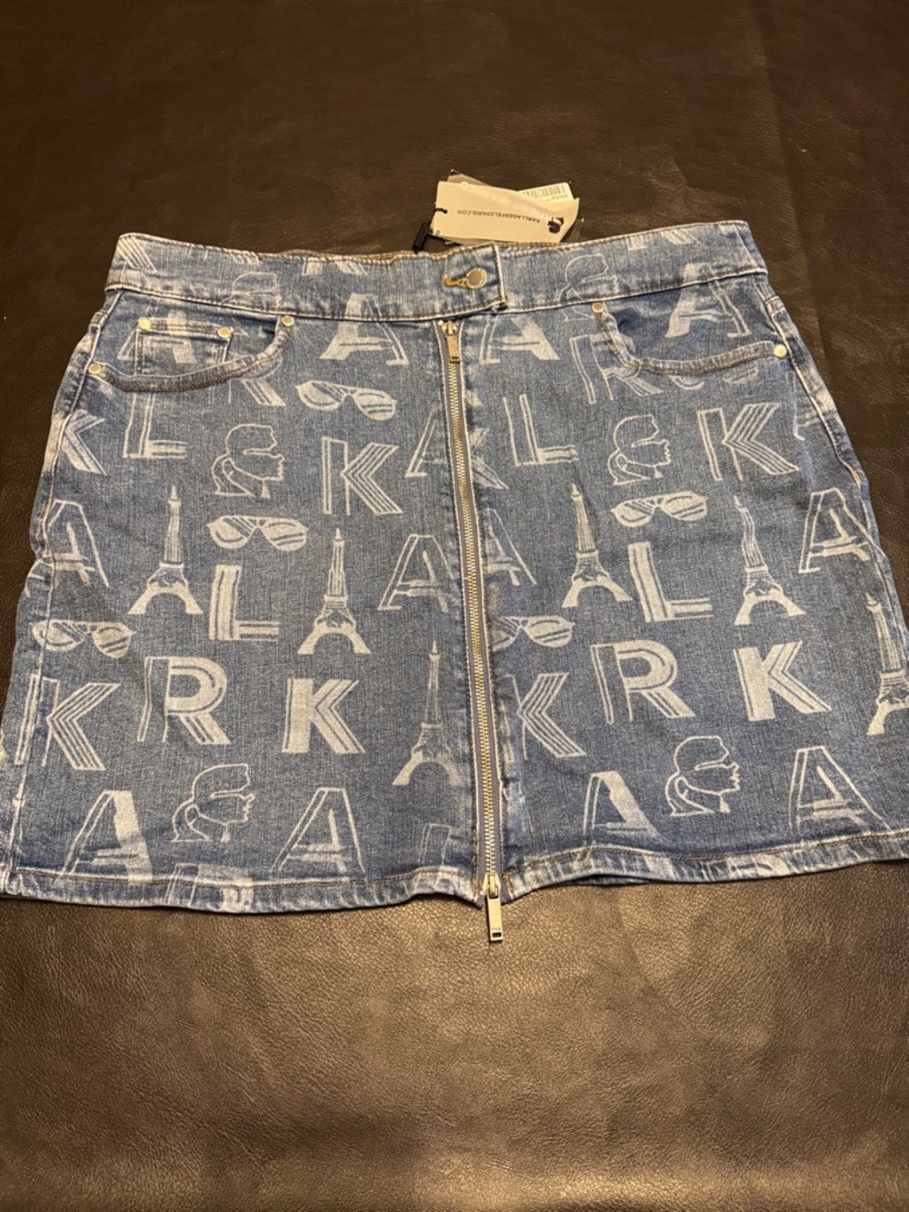 Karl Lagerfeld Light Blue Logo-Print Denim Mini Skirt with Center Zip